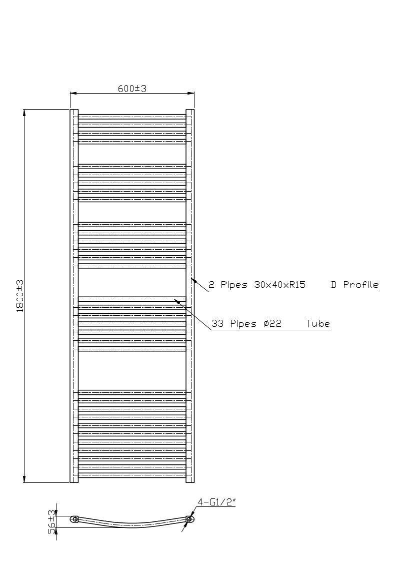 Contemporary Bathroom Curved Heated Towel Rail Radiator Rad 1800 x 600mm Grey