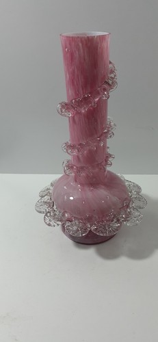 Vintage Victorian Silver Mica Pink & Uranium Swirled Rim Glass Vase - Picture 3 of 9