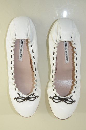 Nuovo Manolo Blahnik Tefamod Marrone Bianco Fiocco Stretch Ballerine Scarpe 40.5 - Foto 4 di 7