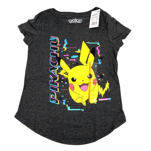 NEUF T-shirt Pokemon Pikachu filles S 6 - 6X anime graphique manches courtes gris - Photo 1/5