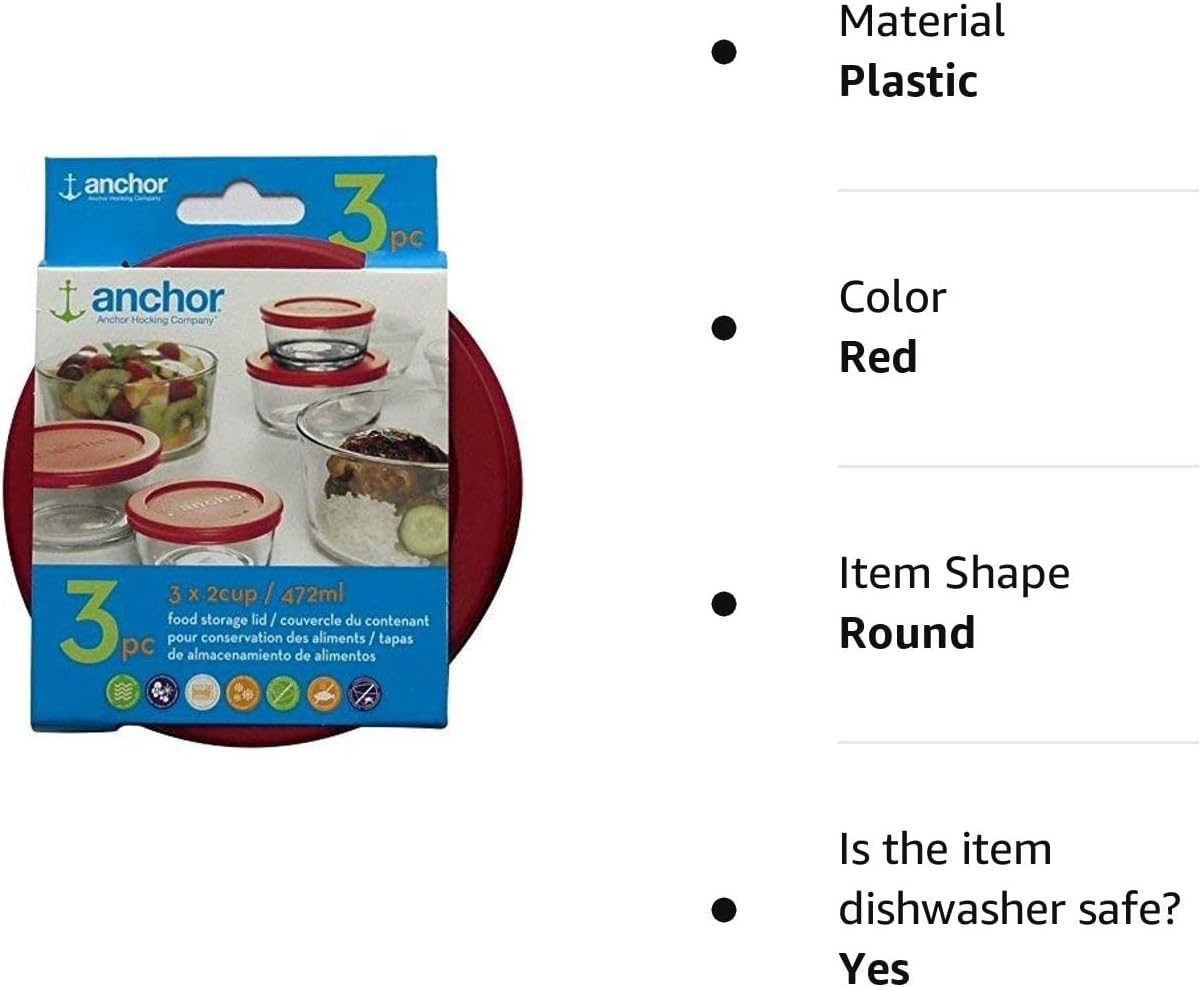 Anchor Hocking Replacement Lid 2 Cup / 472 ml, Set of 3 lids, red Round