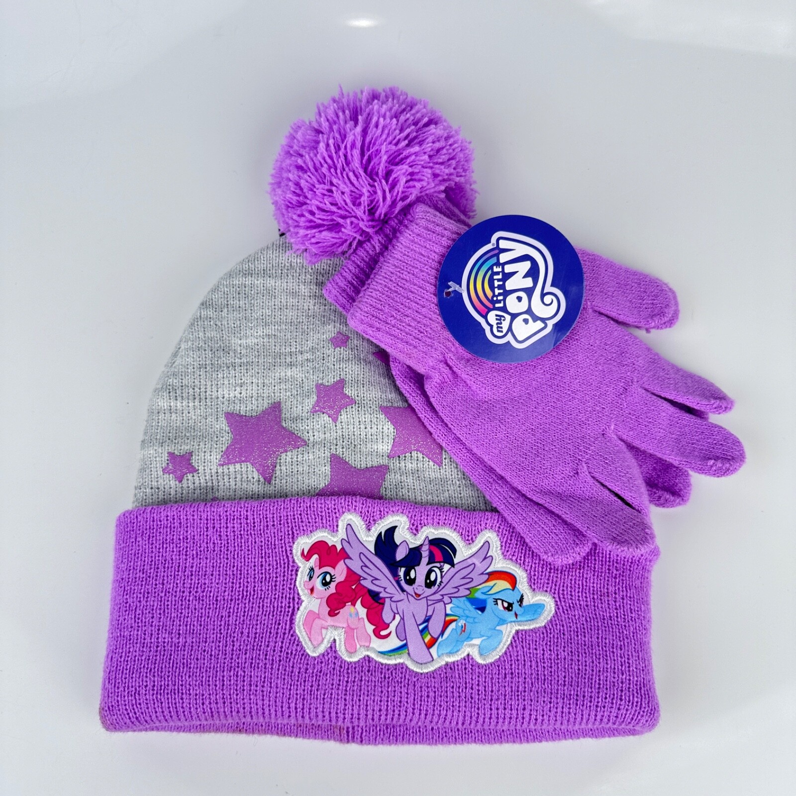 My Little Pony MLP Guanti Bambina Calza Cappello Pom Viola Grigio Glitter Stelle