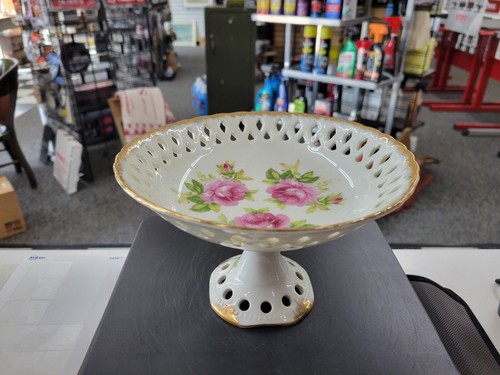Vintage Lefton China Pedestal Bowl Compote Dish Hand Painted Roses Gold Trim - Picture 2 of 13