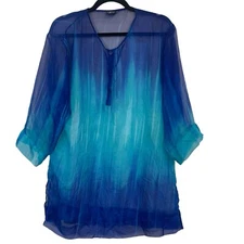 Cejon Beachwear Cover Up Womens Large Ombre Sheer Blue Roll Tab Tunic 