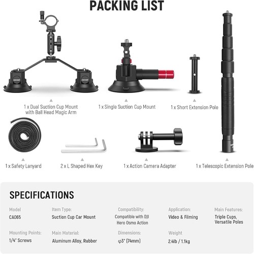 Kit Support Voiture Triple Ventouse avec Rallonge 2en1 Poteau/Selfie Stick, Quick Re - Photo 2 sur 8