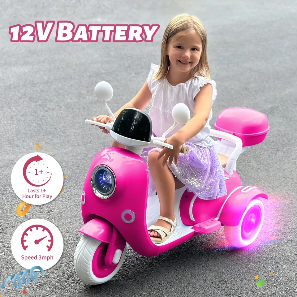 12V Kids Motorcycle Electric Moped Girls Scooter 3 Wheels Tricycle Toy with LED - Image 2 of 4