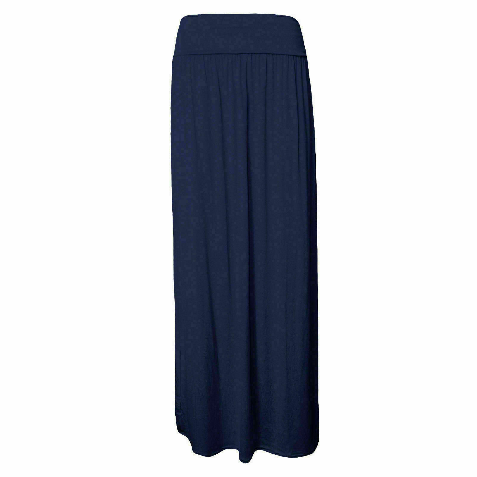 Women Ladies Flared Jersey Maxi Skirt Long Plain Stretch Turn Up Waist ...