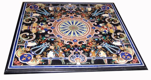 52" black Marble dining center Table Top semi precious stones inlay work - Picture 2 of 4
