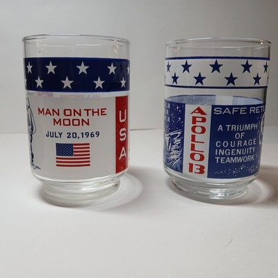 Lot Of 2 Vintage Souvenir Apollo 11 1969 And Apollo 13 1970 Drink Glasses 10oz