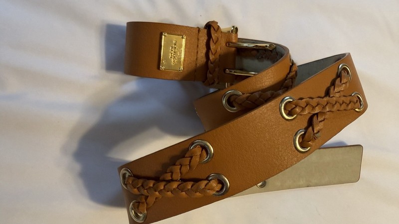 Michael Kors Brown Leather Belt With Braided Details And Gold Hardware And Logo