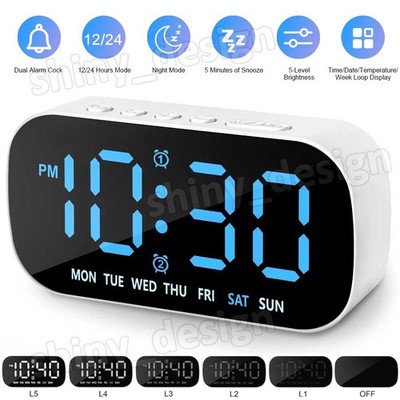 Large Digital Desk Clock Dual Alarm Date/Temperature Display Battery Backup