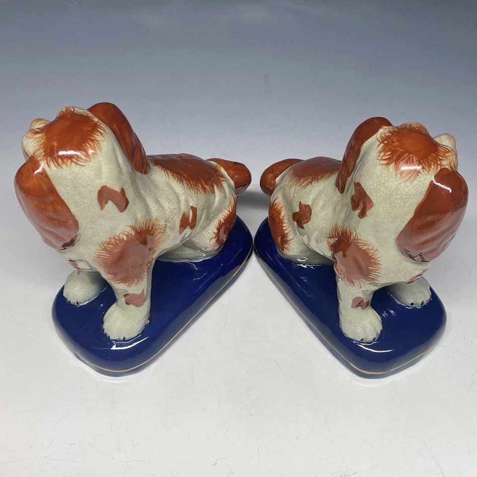 Pair of 7.5” Vintage Staffordshire Orange Spaniel Dogs Cobalt Blue Base ￼ - Image 4 of 4