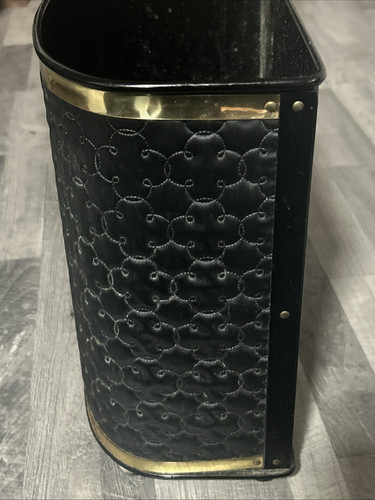 Vtg Mid Century Detecto Quilted Black Vinyl Waste Basket Trash Can Gold Trim 13" - Picture 2 of 5