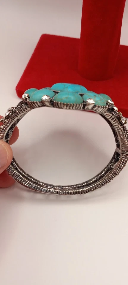 Silver Tone Turquoise Blue Howlite Statement Hinged Bracelet W/Rhinestones  - Image 4 of 4