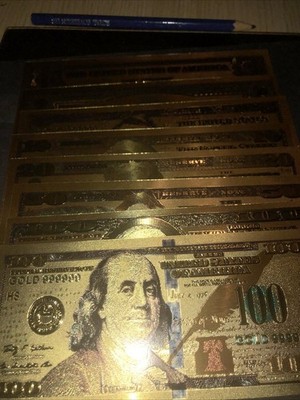 24K Gold Folie Polycarbonat USA Präsidenten Dollar Banknoten. 8er Set: (288 $)