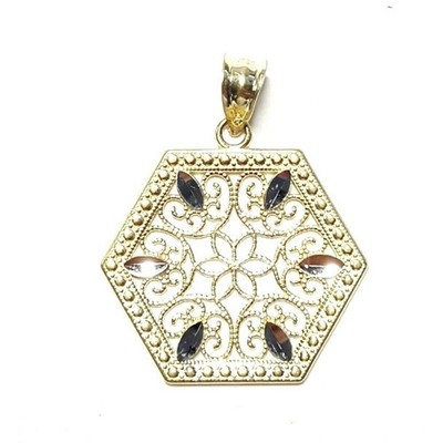 10k Bicolor Gold Sechseck Filigran Anhänger Charm Fein Geschenk Schmuck für Sie 1,7g