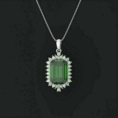 3Ct Emerald Cut Lab-Created Green Emerald Halo Pendant In 14K White Gold Plated