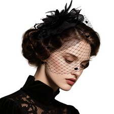 Black Fascinator Hat Women Tea Party Mesh Feather Hair Clip Wedding Veil