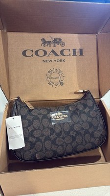 COACH Teri Shoulder Bag Signature Canvas CA548 Brown Black Gold Crossbody Purse