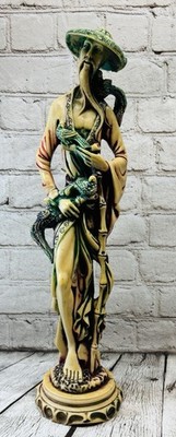 Vintage Hand Painted Resin Asian Man Sculpture 19  Tall Signed Figure Statue