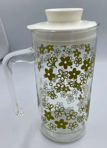 Vintage Pyrex Spring Blossom Crazy Daisy Glass Pitcher Green White Flowers W Lid