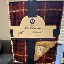 Ben Sherman Velvet Sherpa Dog Blanket Reversible Plaid Red Tan, Size L