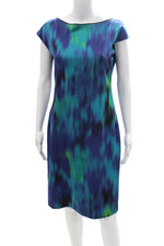 Elie Tahari Womens Sheath Dress Blue Silk Short Sleeve Zip Size 4