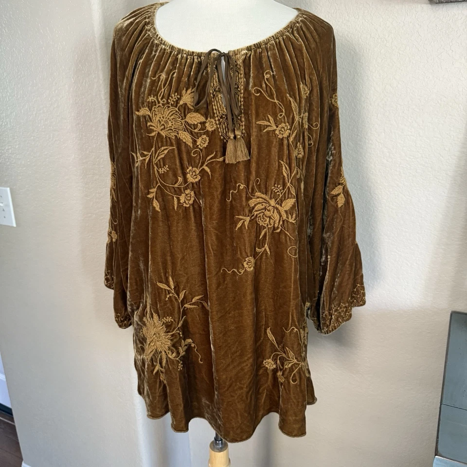 Johnny Was L Golden Brown Velvet Peasant Blouse Tunic Top Shirt Tassels BOHO - Image 3 of 4