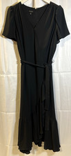 TALBOTS CASCADE FAUX WRAP DRESS WOMENS SZ 10 BLACK SHORT SLEEVE V-NECK TIE WAIST