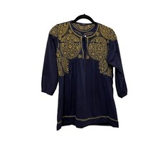 Blusa túnica campesina top mezcla lino floral bordada dorada azul marino para mujer S