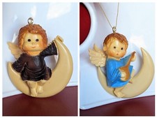 Set Of 2 Vintage Plastic Angel Crescent Moon Christmas Tree Ornament Hong Kong