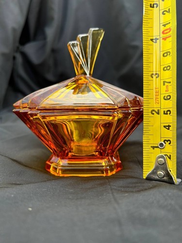 Bedford 3057 Bagley Art Deco Amber Glass Table Set: Tray, Lidded Pot, Bowl Rare - Picture 8 of 10
