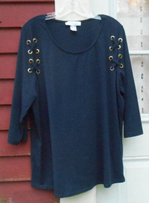 Creation L Navy Blue 3/4 Sleeve Scoop Neck Tie Ring Top Size 16