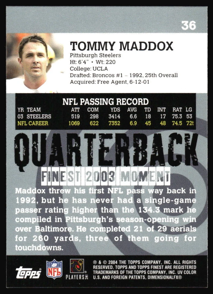 2004 Finest Tommy Maddox #36 Pittsburgh Steelers - Image 2 of 2