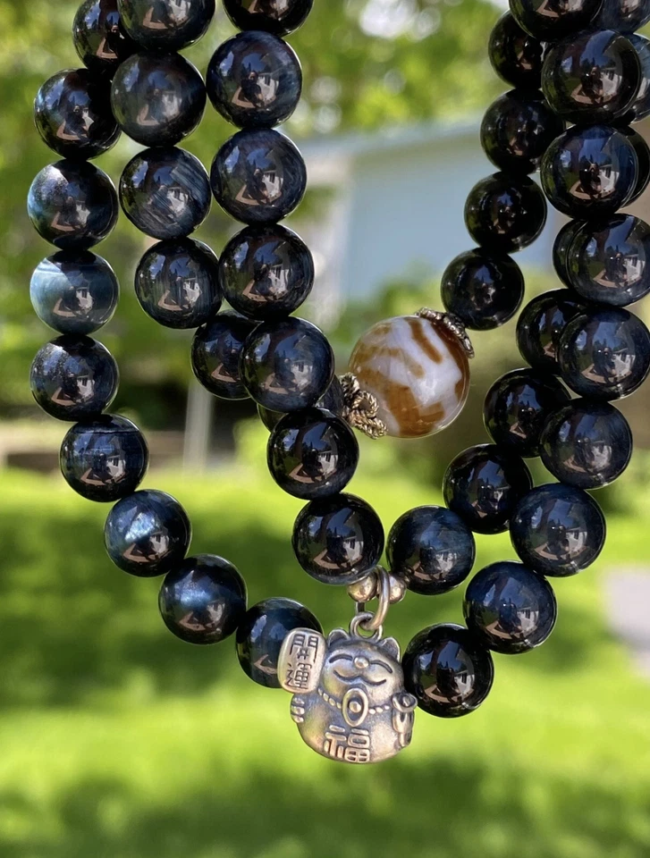 Ojo de Águila Azul Piedra Llamante 8MM Cadena Pulsera Mezcla Dijes Gato de la Suerte Tailandés, L 52CM Foto 3 de 4