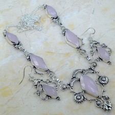 BEAUTIFUL NEW GENUINE ROSE QUARTZ LOVE GEMSTONE 925 SILVER NECKLACE EARRING SET