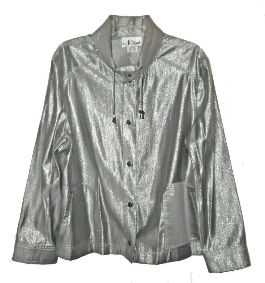 new-jacket-n-touch-shiny-silver-grey-snap-closure-drawstring-collar