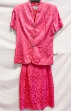MAGGY LONDON 2pc Pink Jacquard Chinese Silk Skirt  Blazer Jacket Suit Set 12 L