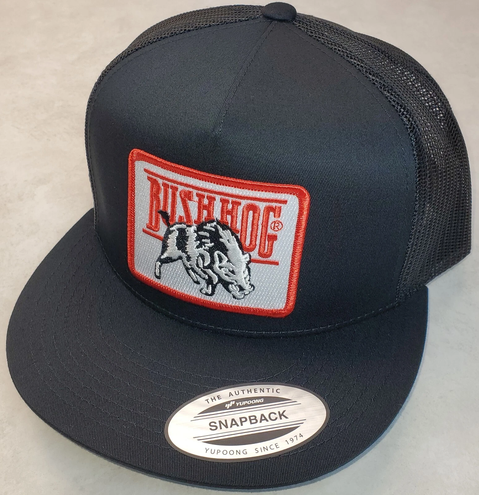 BUSH HOG Patch on Yupoong Trucker Hat/ YP Classic 6006 Snapback Black/Black