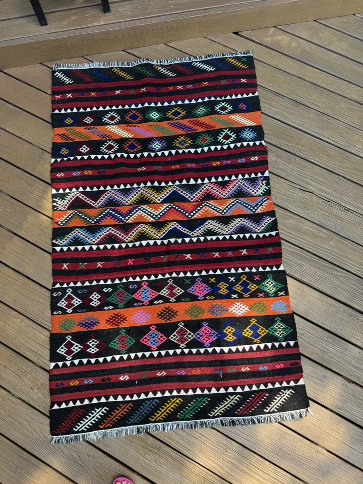 Alfombra Kilim turca geométrica a rayas 4x6 pies, alfombra Kilim vintage alfombra Oushak, colorida Foto 4 de 4