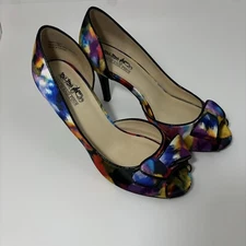 Coach and Four Fabric Print Shoes Women’s 6 Open Toe Heels Dorsay Pumps Bow
