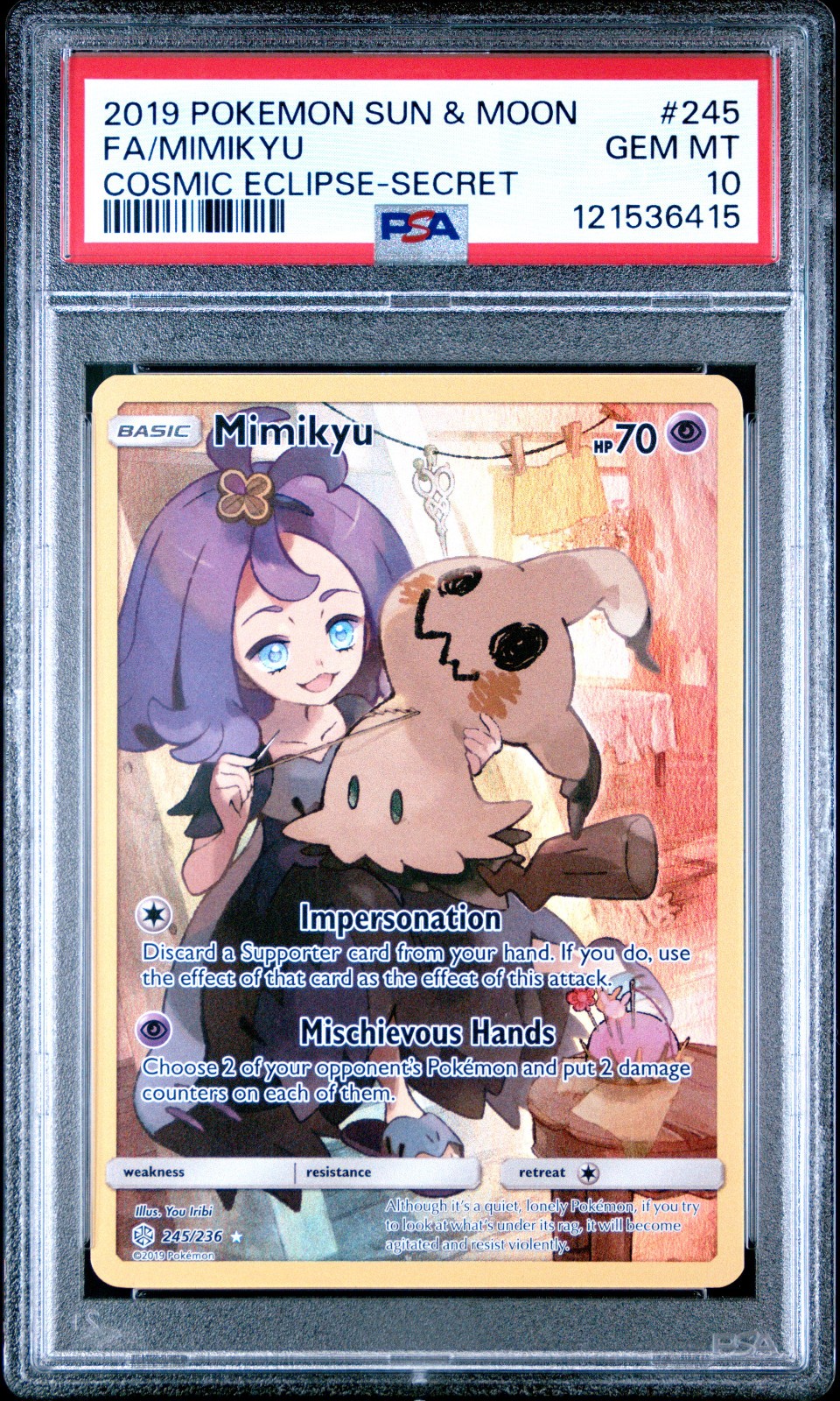 2019 POKEMON SUN & MOON COSMIC ECLIPSE #245 FULL ART MIMIKYU PSA 10 GEM MINT