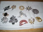 Lot #10 Vintage Mid Century? Costume Jewelry Brooches Pins with Stones Fancy