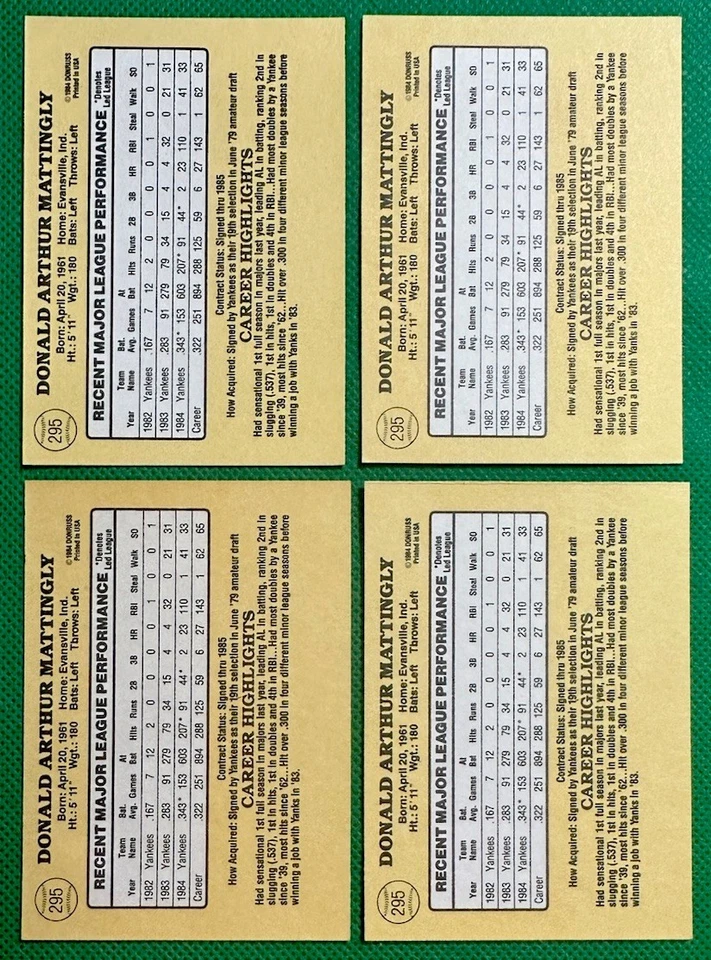 1985 Donruss Don Mattingly #295 NY Yankees 2nd year (4) EXNMNM “Donnie Baseball” - Image 2 of 4