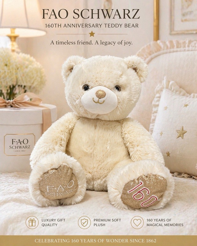 FAO Schwarz teddy bear 160 anniversary Cream gold Plush Stuffed Animal Gift