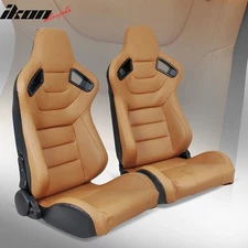 Universal Pair Reclinable Racing Seats Dual Sliders Brown PU & Carbon Leather