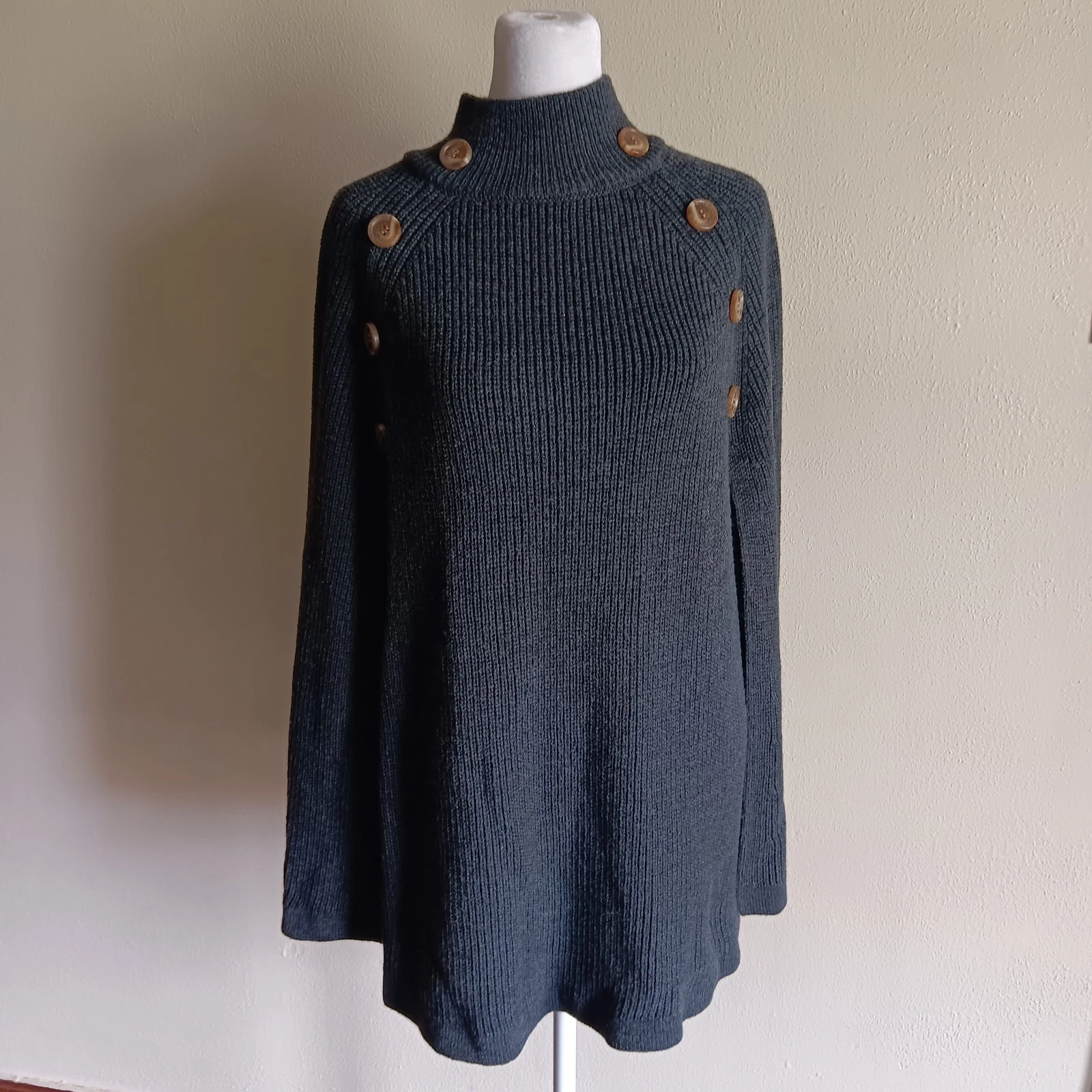 Linda Anderson Charcoal Gray Knit Poncho Wrap Sweater W/ Split Sides, One Size