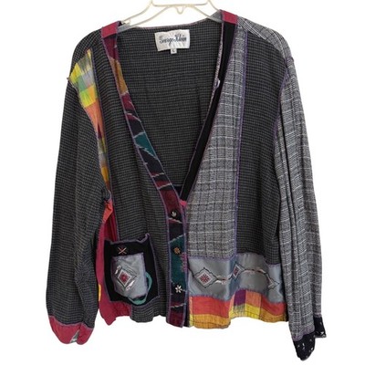 George Klein Womens Patchwork Embroidered Cotton Jacket L Artist Boho Multi Vtg