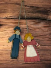 Handmade Wooden Farmer and Wife Primitive Amish Painted Wood Folk Art On String