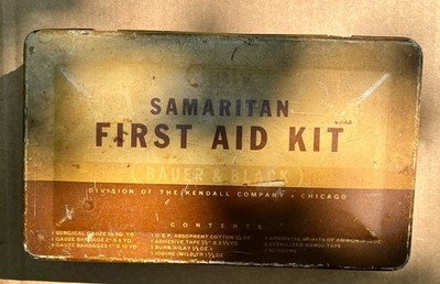 vintage curity samaritan first aid kit empty tin only kendal company